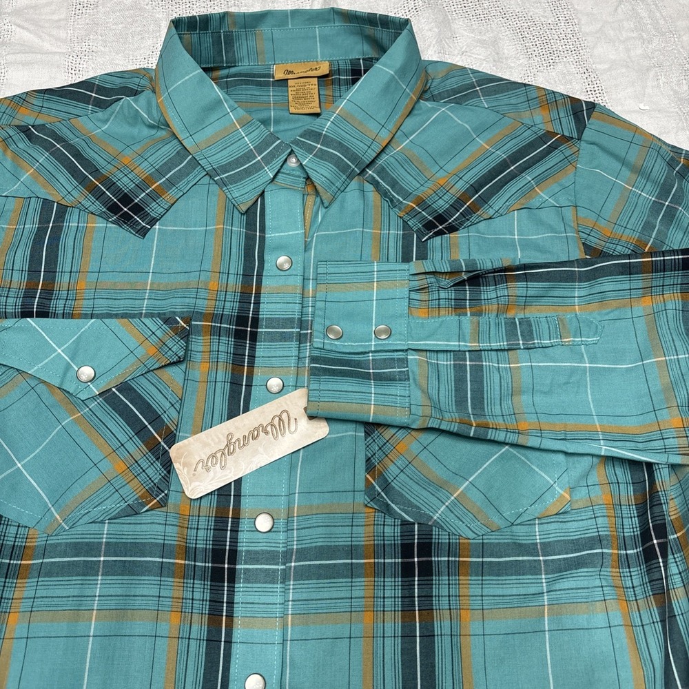 NWT rangler Women's 2XL Western Plaid Shirt Aqua Blue Long Sleeve Pearl Snaps